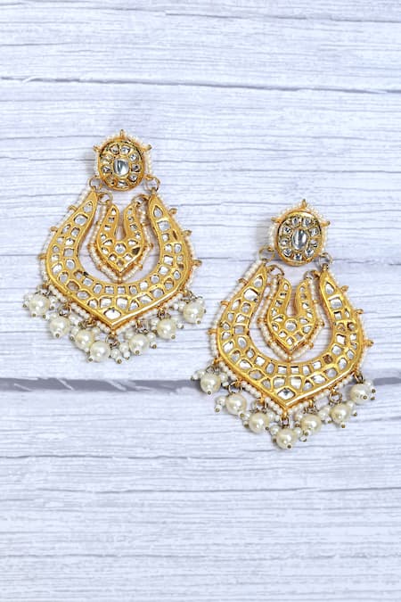 Shop_Just Shradhas_Gold Plated Pearls, Stones Mughal Cut Work Kundan Embellished Chandbalis _at_Aza_Fashions