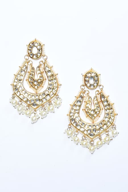 Just Shradhas_Gold Plated Pearls, Stones Mughal Cut Work Kundan Embellished Chandbalis _Online_at_Aza_Fashions