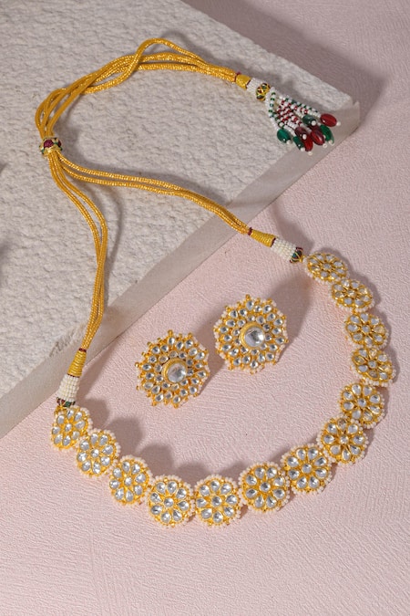 Shop Namasya White Pearls, Crystals Floral Kundan Embellished Choker Set at Aza Fashions Shop_Namasya_White Pearls, Crystals Floral Kundan Embellished Choker Set _at_Aza_Fashions