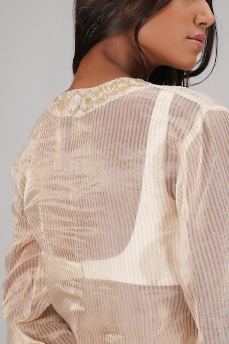 Shop_Kyra By Bhavna_White Chanderi, Tissue, Organza Embroidery, Gota Patti V-neck, Choli Lehenga Set _Online_at_Aza_Fashions