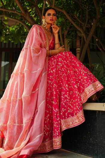 Kyra By Bhavna_Fuchsia Organza, Silk Sequins, Gota Patti, Zari Embroidered Blouse Lehenga Set _Online_at_Aza_Fashions