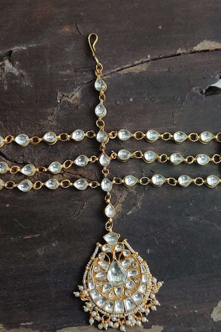 Shop Riana Jewellery Gold Plated Stone Layered Mathapatti at Aza Fashions Shop_Riana Jewellery_Gold Plated Stone Layered Mathapatti _at_Aza_Fashions