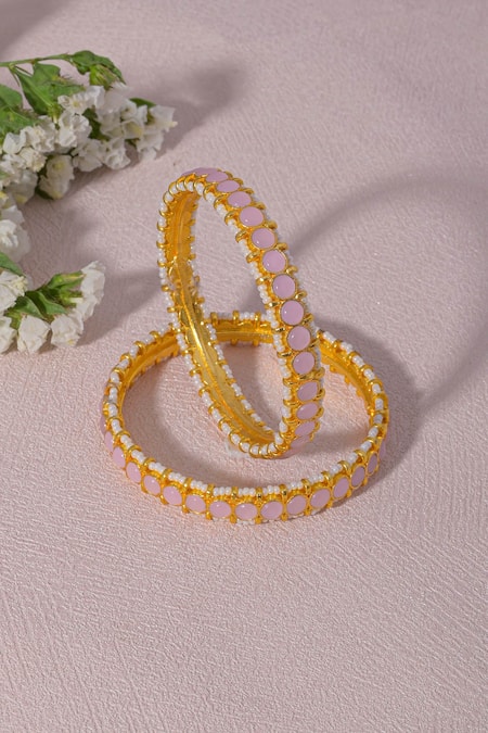 Shop Namasya Pink Diamonds, Pearls Kundan Embellished Bangles - Set Of 2 at Aza Fashions Shop_Namasya_Pink Diamonds, Pearls Kundan Embellished Bangles - Set Of 2 _at_Aza_Fashions