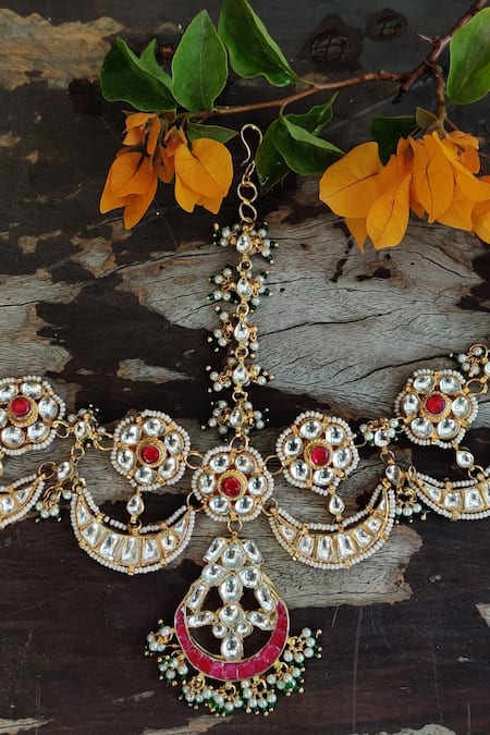 Shop Riana Jewellery Gold Plated Crescent Moon Bead Drop Mathapatti at Aza Fashions Shop_Riana Jewellery_Gold Plated Crescent Moon Bead Drop Mathapatti _at_Aza_Fashions