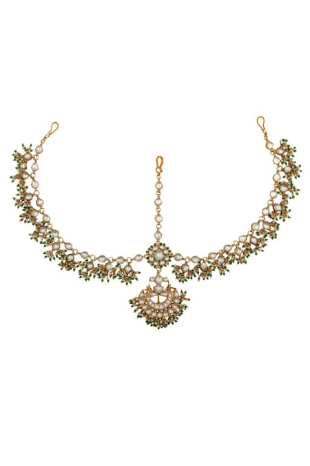 Shop Riana Jewellery Gold Plated Crescent Moon Bead Drop Mathapatti at Aza Fashions Shop_Riana Jewellery_Gold Plated Crescent Moon Bead Drop Mathapatti _at_Aza_Fashions