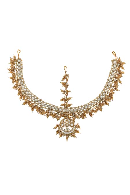 Shop_Riana Jewellery_Gold Plated Crescent Moon Bead Drop Mathapatti _at_Aza_Fashions