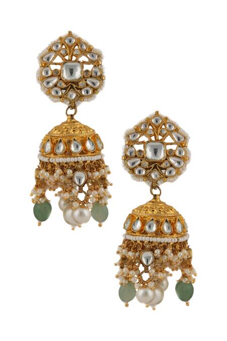 Shop_Riana Jewellery_Gold Plated Jadtar Floral Bead Drop Jhumkas _at_Aza_Fashions