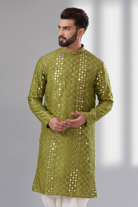 Kasbah Green Silk, Cotton Mirrors Work Kurta Online at Aza Fashions Kasbah_Green Silk, Cotton Mirrors Work Kurta _Online_at_Aza_Fashions