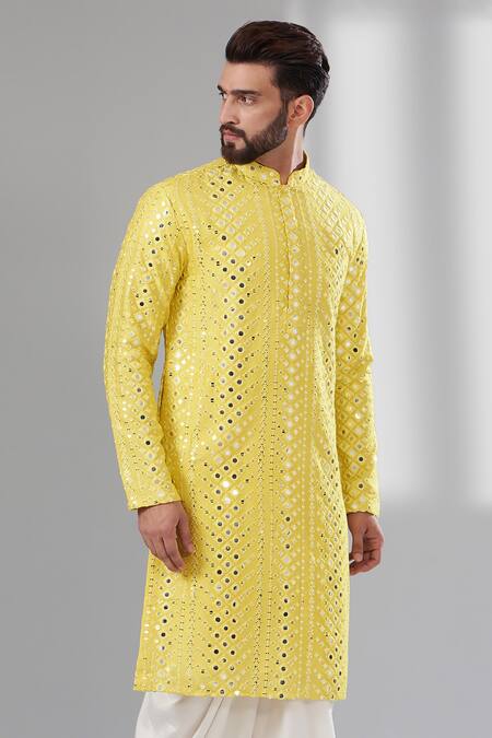Kasbah_Yellow Silk, Cotton Mirrors, Embroidery Diamond Pattern Work Kurta_Online_at_Aza_Fashions