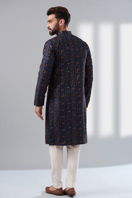Shop_Kasbah_Blue Silk, Cotton Embroidery Multi Thread Work Kurta Set _at_Aza_Fashions
