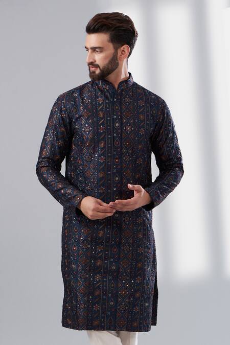 Kasbah_Blue Silk, Cotton Embroidery Multi Thread Work Kurta Set _Online_at_Aza_Fashions