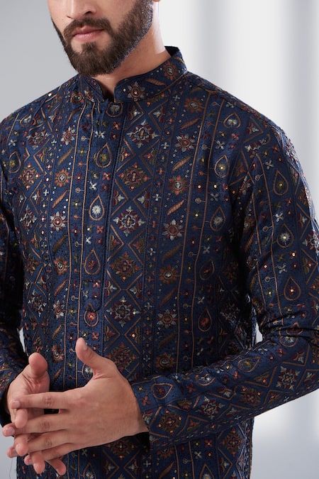 Buy_Kasbah_Blue Silk, Cotton Embroidery Multi Thread Work Kurta Set _Online_at_Aza_Fashions