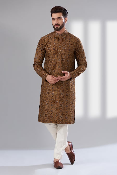 Kasbah Drop & Floral Thread Work Silk Kurta 