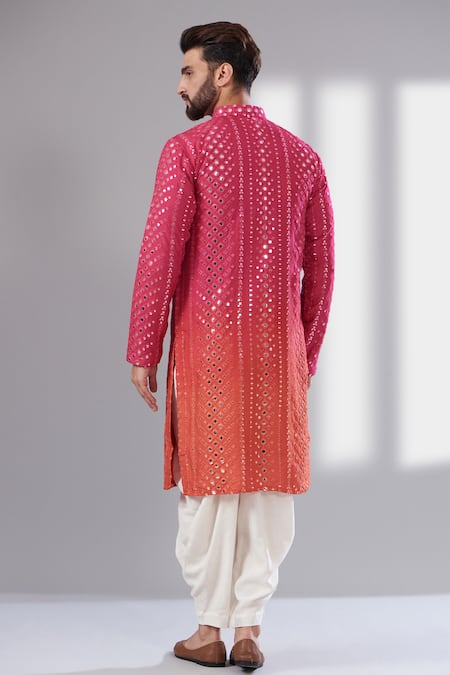 Shop_Kasbah_Pink Silk, Cotton Mirrors Work Ombre Kurta _at_Aza_Fashions