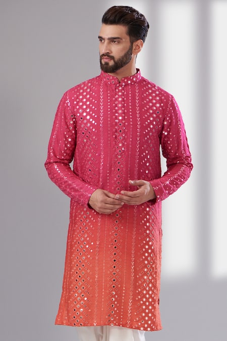 Kasbah_Pink Silk, Cotton Mirrors Work Ombre Kurta _Online_at_Aza_Fashions