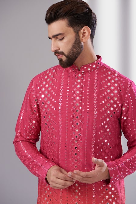 Buy_Kasbah_Pink Silk, Cotton Mirrors Work Ombre Kurta _Online_at_Aza_Fashions