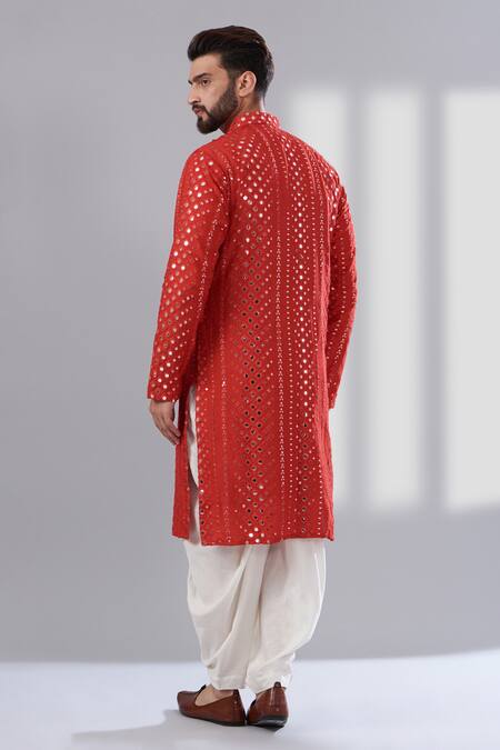 Shop_Kasbah_Red Silk, Cotton Mirrors, Embroidery Kurta_at_Aza_Fashions