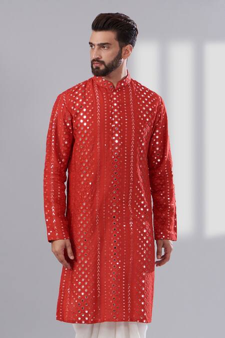 Kasbah_Red Silk, Cotton Mirrors, Embroidery Kurta_Online_at_Aza_Fashions