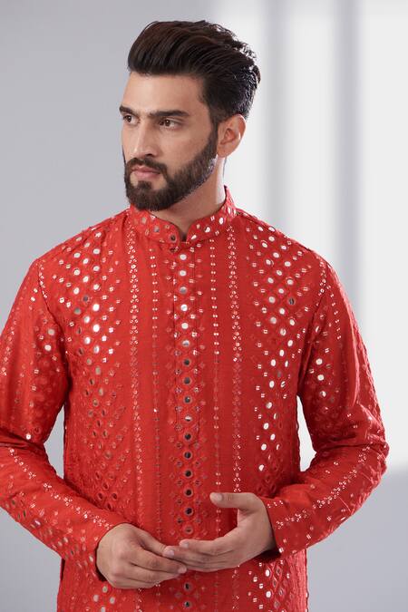 Buy_Kasbah_Red Silk, Cotton Mirrors, Embroidery Kurta_Online_at_Aza_Fashions