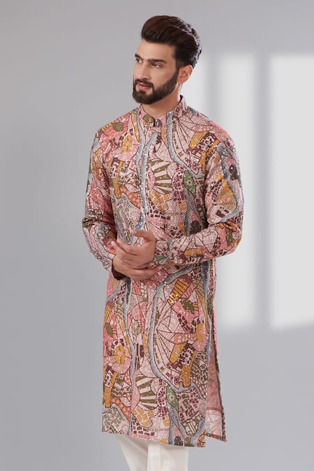 Kasbah_Multi Color Georgette, Cotton Embroidery Quirky Abstract Kurta Set _Online_at_Aza_Fashions