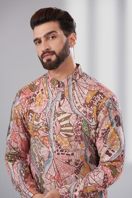 Buy_Kasbah_Multi Color Georgette, Cotton Embroidery Quirky Abstract Kurta Set _Online_at_Aza_Fashions