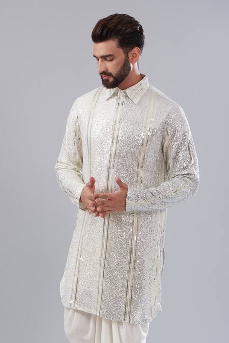Kasbah_Silver Georgette, Cotton Sequins Work Pathani Kurta_Online_at_Aza_Fashions