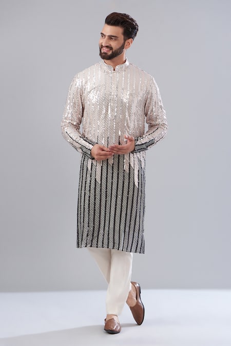 Kasbah Silver Georgette Embroidered Thread And Sequin Work Color Block Kurta 