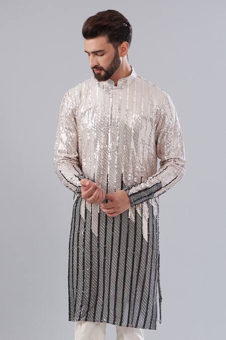 Kasbah_Silver Georgette, Cotton Sequins, Embroidery Color Block Work Kurta_Online_at_Aza_Fashions