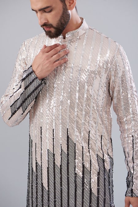 Buy_Kasbah_Silver Georgette, Cotton Sequins, Embroidery Color Block Work Kurta_Online_at_Aza_Fashions