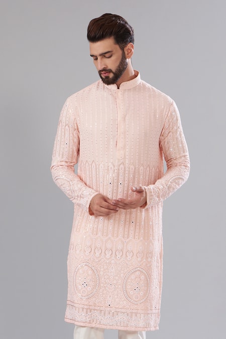 Kasbah_Pink Georgette, Cotton Embroidery Chikankari Pastel Kurta _Online_at_Aza_Fashions