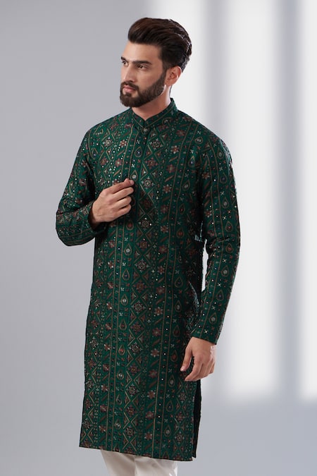 Kasbah_Green Silk, Cotton Embroidery Floral Thread Kurta Set _Online_at_Aza_Fashions