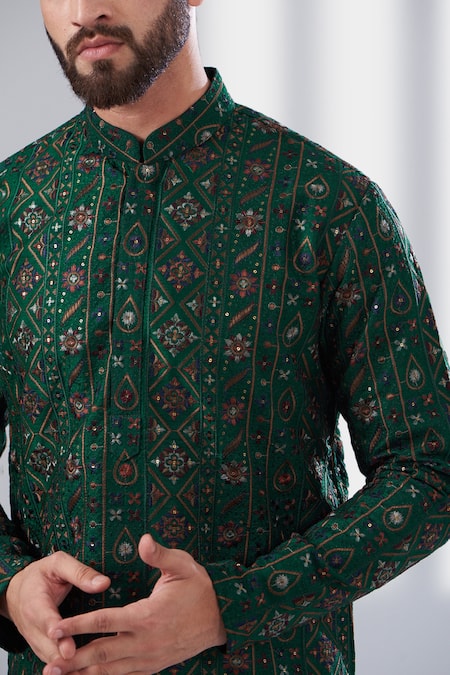 Buy_Kasbah_Green Silk, Cotton Embroidery Floral Thread Kurta Set _Online_at_Aza_Fashions