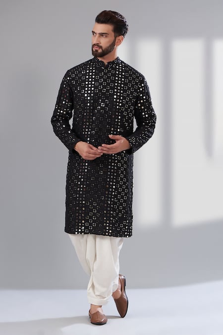 Kasbah Black Silk Embroidered Mirror Work Kurta 