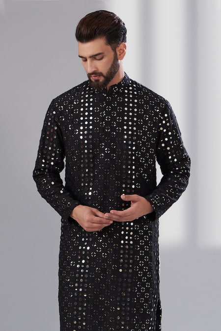 Kasbah_Black Silk Mirrors, Embroidery Work Kurta _Online_at_Aza_Fashions
