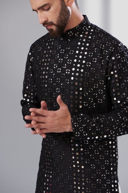 Buy_Kasbah_Black Silk Mirrors, Embroidery Work Kurta _Online_at_Aza_Fashions
