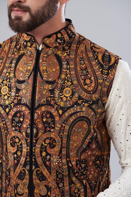 Black Kashmiri Aari Jacket with White Embroidery | Angad Creations