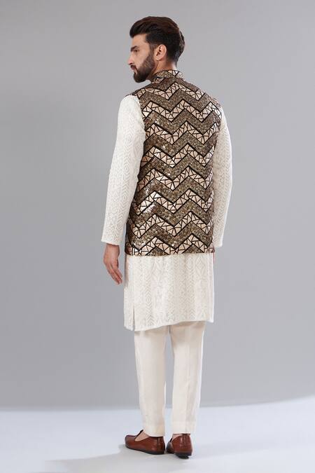 Shop_Kasbah_Black Georgette Sequins Embroidered And Gold Nehru Jacket_at_Aza_Fashions