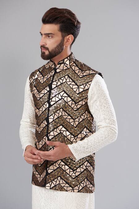 Kasbah_Black Georgette Sequins Embroidered And Gold Nehru Jacket_Online_at_Aza_Fashions