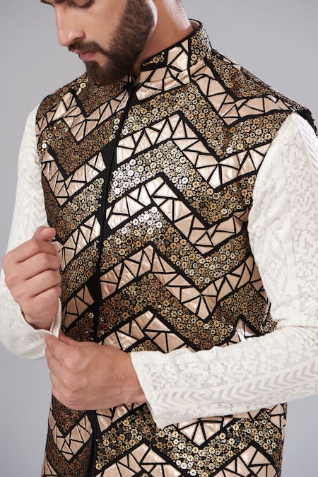 Buy_Kasbah_Black Georgette Sequins Embroidered And Gold Nehru Jacket_Online_at_Aza_Fashions