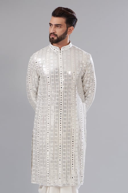 Kasbah_White Georgette Mirrors, Sequins And Embroidered Kurta_Online_at_Aza_Fashions