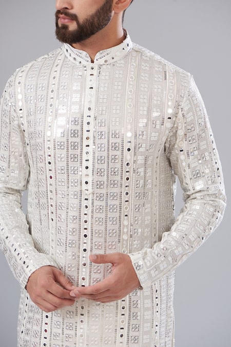 Buy_Kasbah_White Georgette Mirrors, Sequins And Embroidered Kurta_Online_at_Aza_Fashions