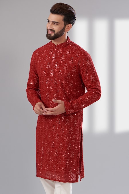 Kasbah Red Georgette Embroidery Thread And Sequin Kurta Online at Aza Fashions Kasbah_Red Georgette Embroidery Thread And Sequin Kurta _Online_at_Aza_Fashions
