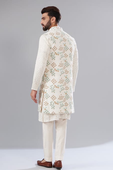 Shop_Kasbah_Ivory Silk Embroidery Floral Thread Nehru Jacket _at_Aza_Fashions