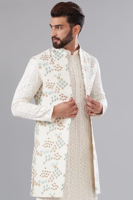 Kasbah_Ivory Silk Embroidery Floral Thread Nehru Jacket _Online_at_Aza_Fashions