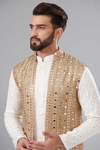 Buy Kasbah Gold Georgette Mirrors Embroidered Nehru Jacket Online at Aza Fashions Buy_Kasbah_Gold Georgette Mirrors Embroidered Nehru Jacket _Online_at_Aza_Fashions