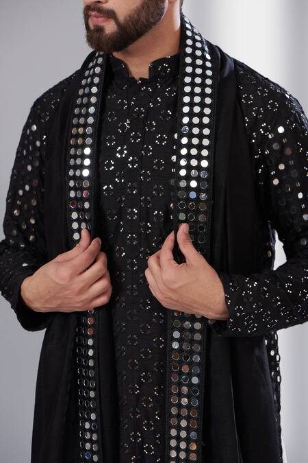 Kasbah_Black Silk Mirrors Kurta With Stole_Online_at_Aza_Fashions