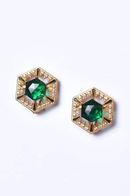 Studio6 Jewels_Green Stones Hexagon Shaped Stud Earrings _at_Aza_Fashions