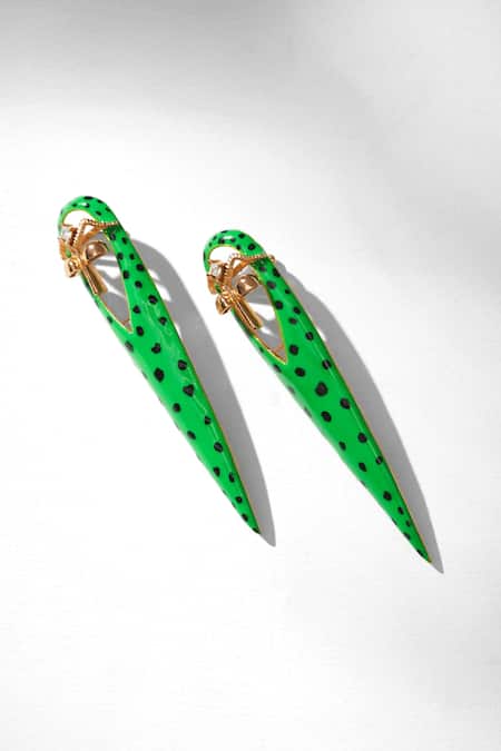 Shop_Outhouse_Green Crystals Gavi Spicule Leopard Enamel Earrings _at_Aza_Fashions