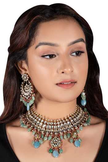 Buy Riana Jewellery Gold Plated Pearls, Glitter, Stones Pendant Drop Choker Set at Aza Fashions Buy_Riana Jewellery_Gold Plated Pearls, Glitter, Stones Pendant Drop Choker Set _at_Aza_Fashions