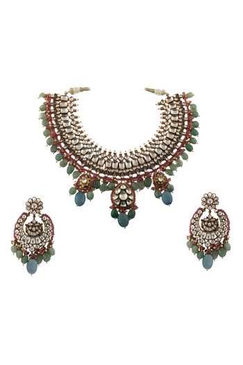 Shop Riana Jewellery Gold Plated Pearls, Glitter, Stones Pendant Drop Choker Set at Aza Fashions Shop_Riana Jewellery_Gold Plated Pearls, Glitter, Stones Pendant Drop Choker Set _at_Aza_Fashions